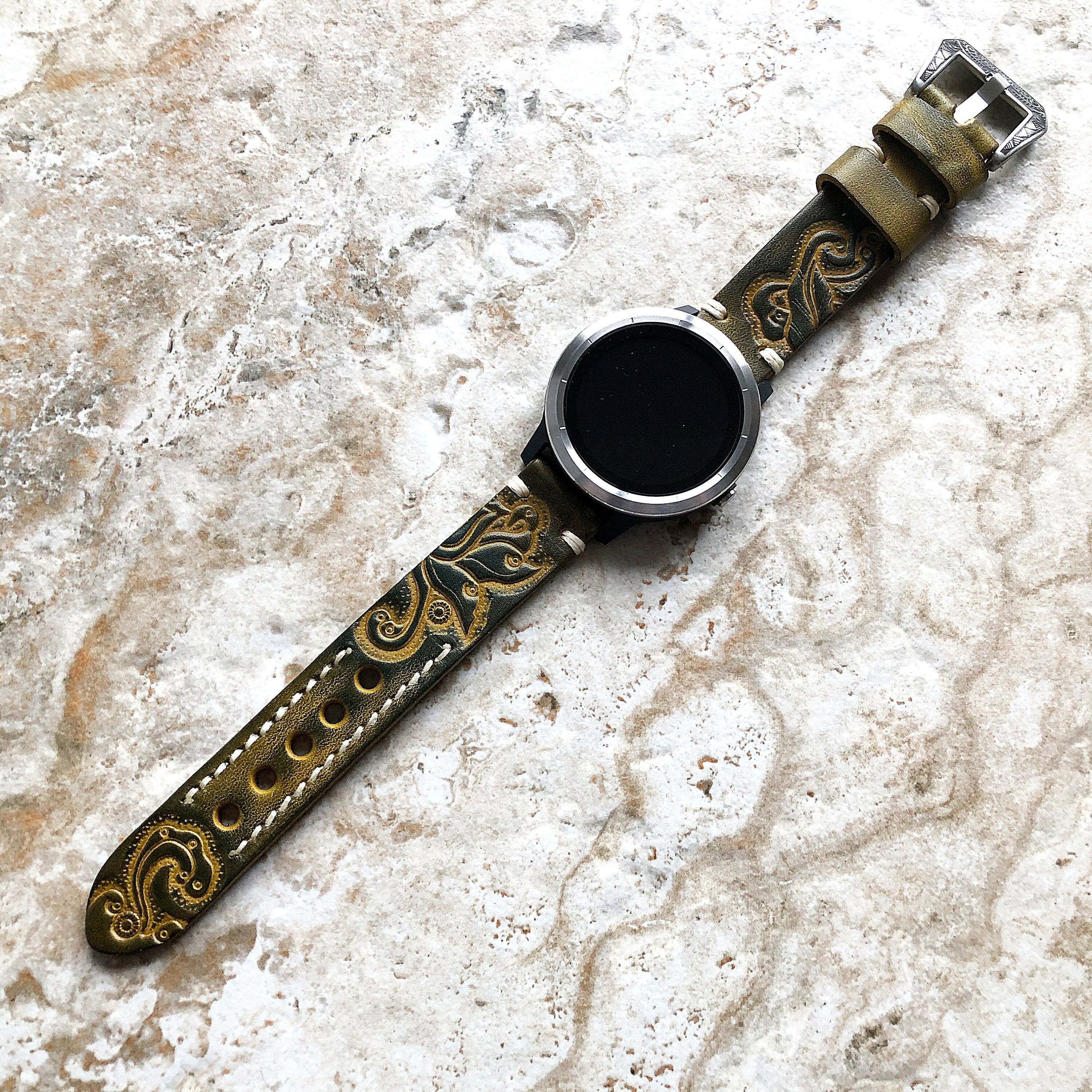 Garmin Green and Yellow Band for Approach S12 S40 S42 CT10 Bundle Models Tooled Embossed Handmade Leather Bracelet Pins Buckle Tool B20